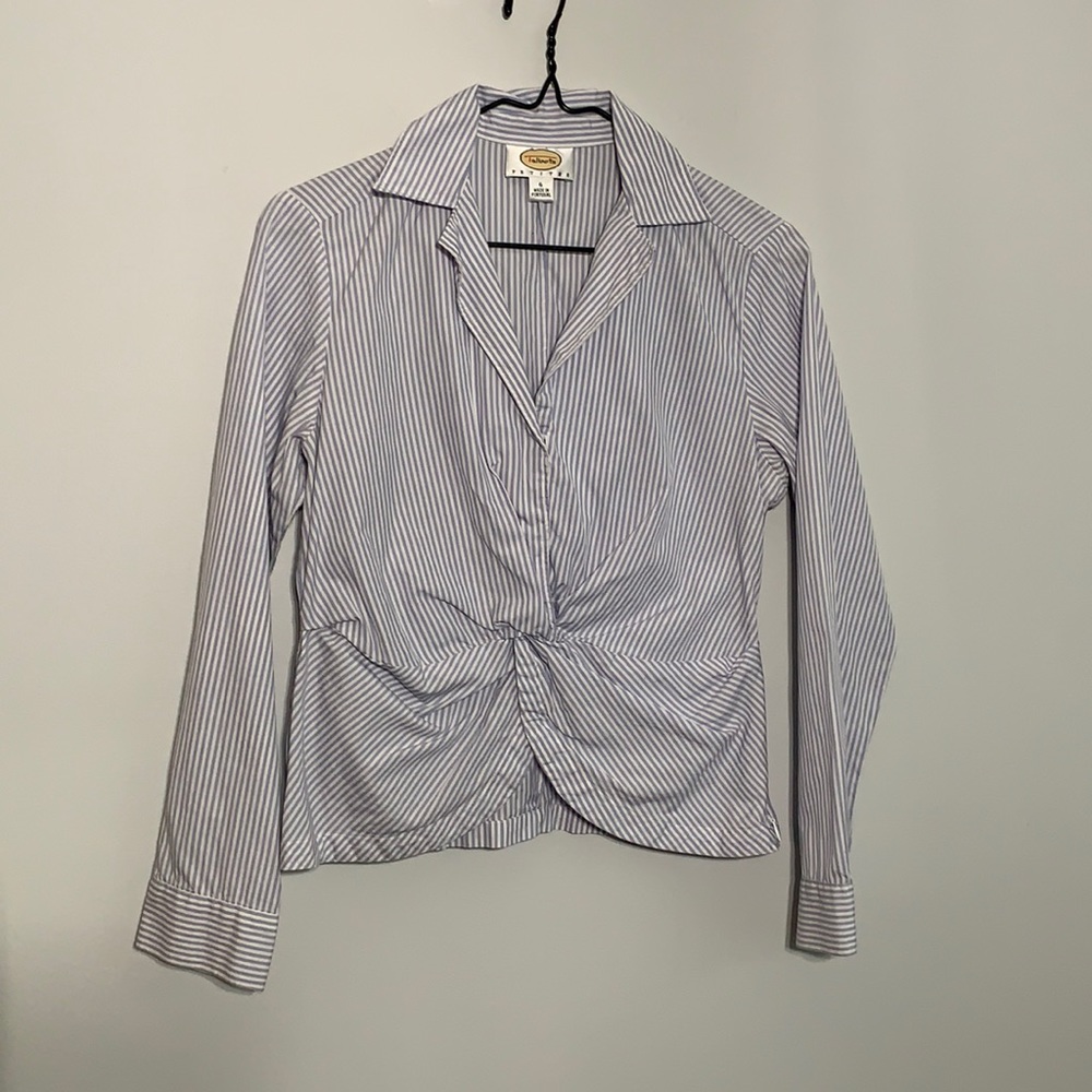 Talbots Blue Striped Blouse with Faux Knot